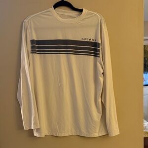 Hang Ten White Long-Sleeve Shirt with Navy Chest Stripe Mens Medium